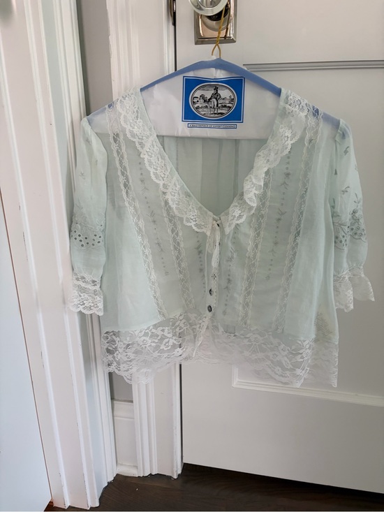 LoveShackFancy Tops - LoveShackFancy Mint Green Lace Trim Button Front Blouse